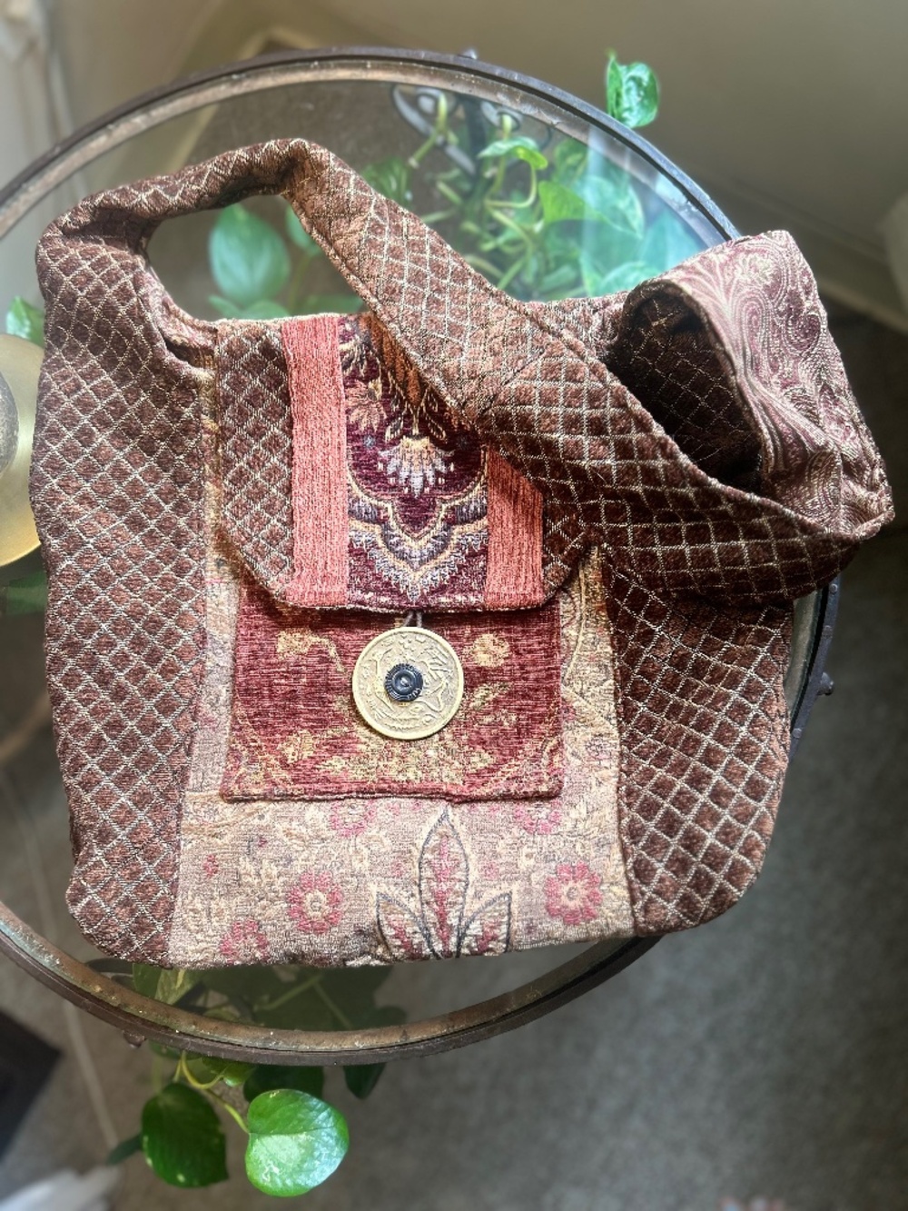 LARGE Boho Paisley Quilted Embroidered Shoulder Bag Brown Pink Snap Lined Brass